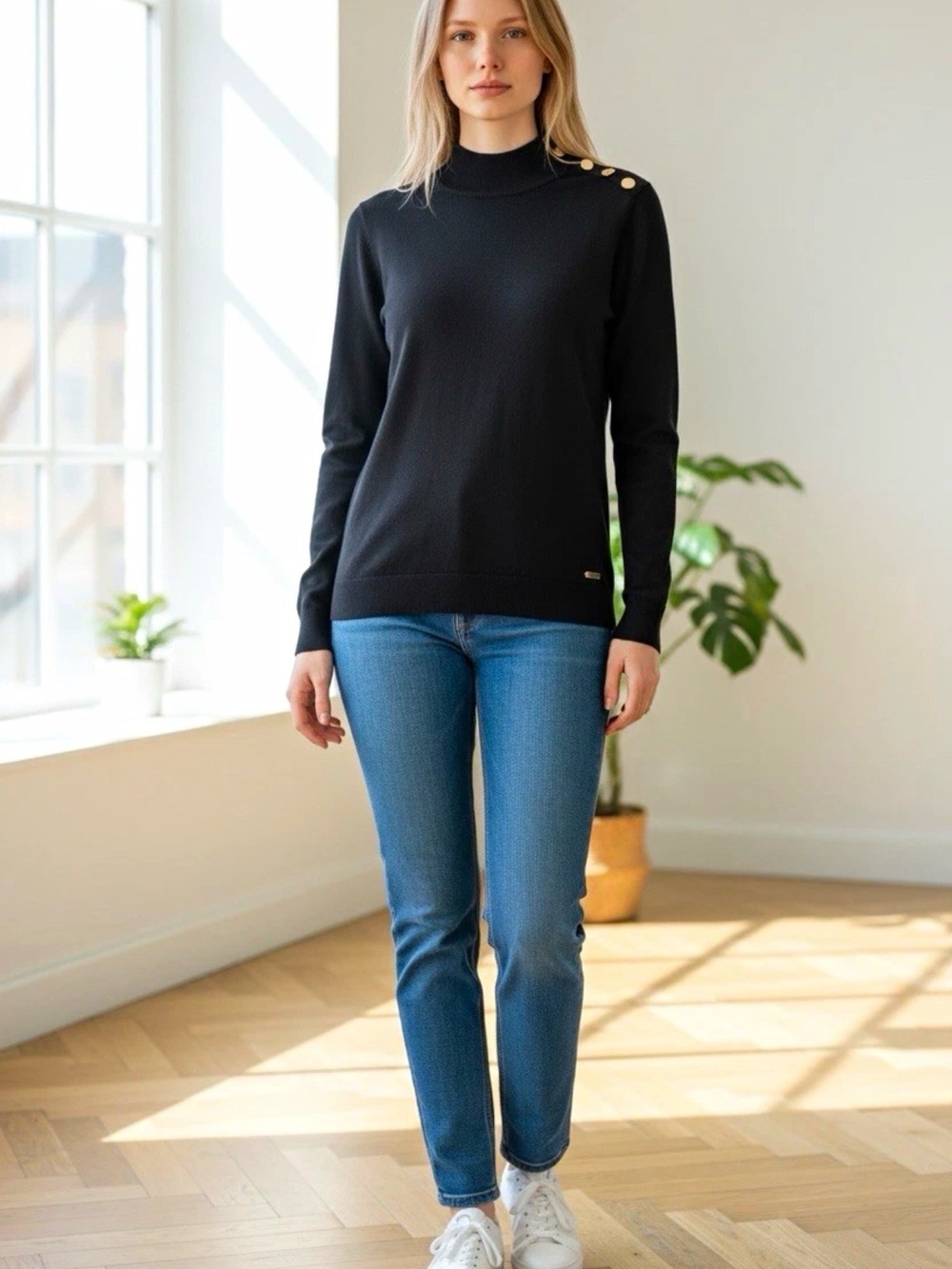 Calvin Klein Black Mock Neck Sweater with Gold Shoulder Buttons